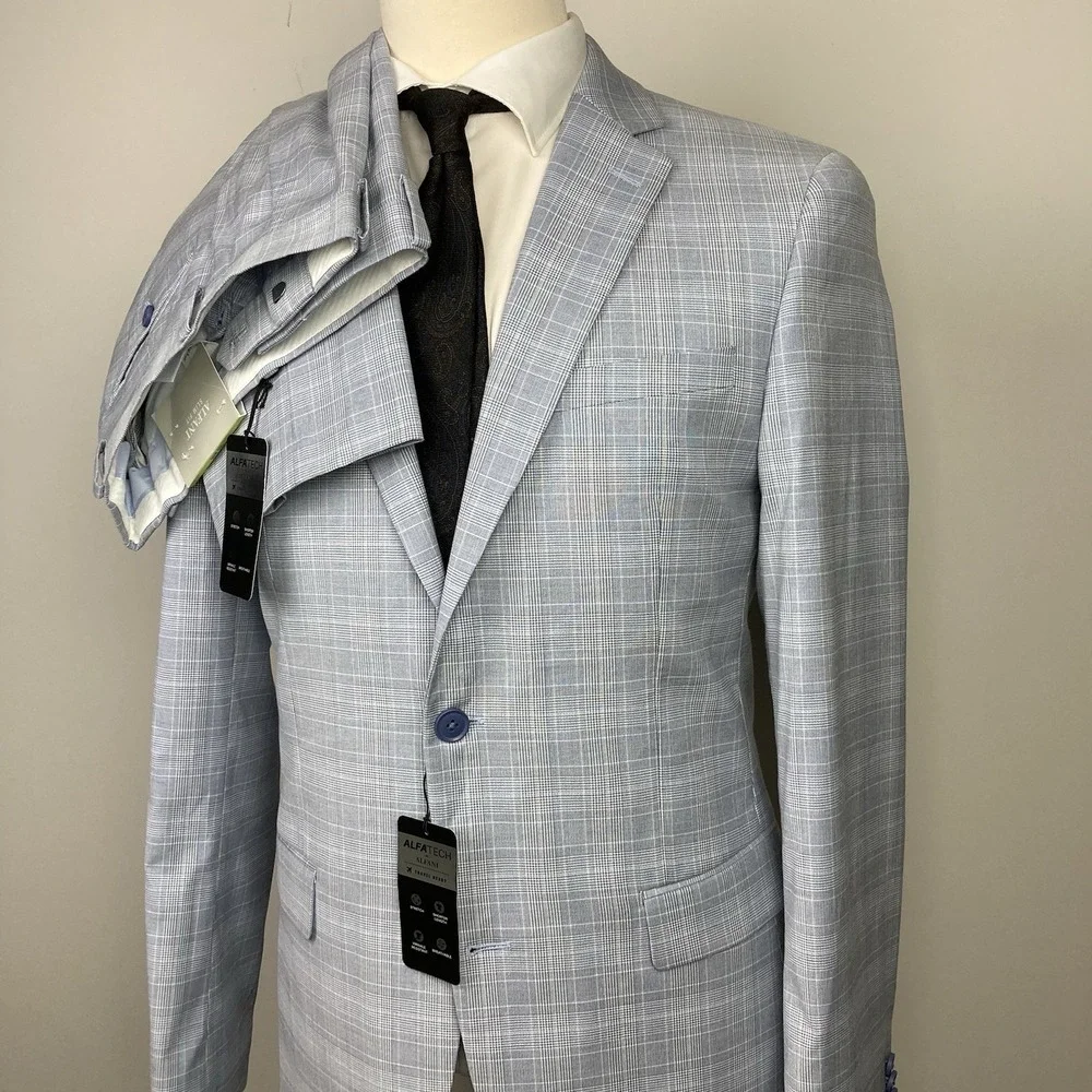 Alfani Men's Slim-Fit 2-pc Suit Jacket Stretch Plaid Size 38L Pants 30Wx30L Blue